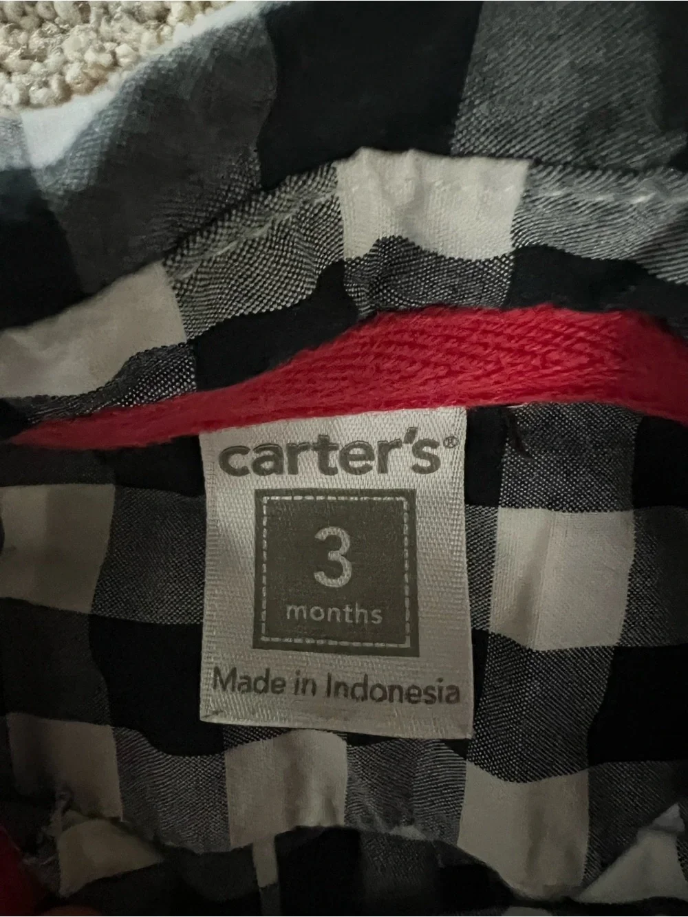 Carters Black & White Buffalo Plaid Button-Up with snap closure Baby Bodysuit 3M
